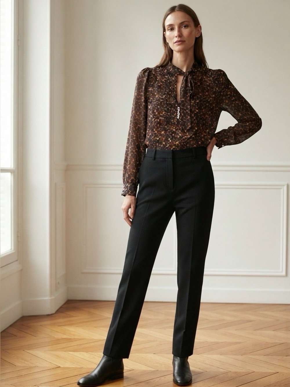 Maison Mayle Brown Leopard Print 100% Silk Tie Neck Blouse Size 8